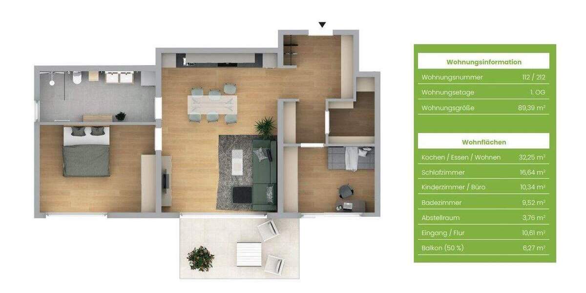 Etagenwohnung Burgthann Heinleinshof - 3 Zimmer, 89 m&sup2;, 418.345&euro; | Angebot:25820648