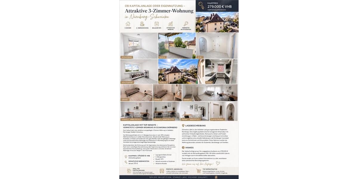 Etagenwohnung Nürnberg Gibitzenhof - 3 Zimmer, 75 m&sup2;, 279.000&euro; | Angebot:26991881