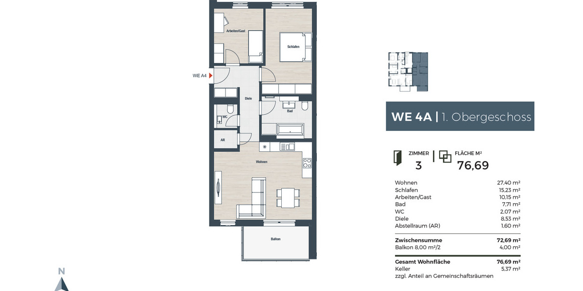 Etagenwohnung Erlangen Dechsendorf - 3 Zimmer, 76 m&sup2;, 1.265&euro; | Angebot:25688808