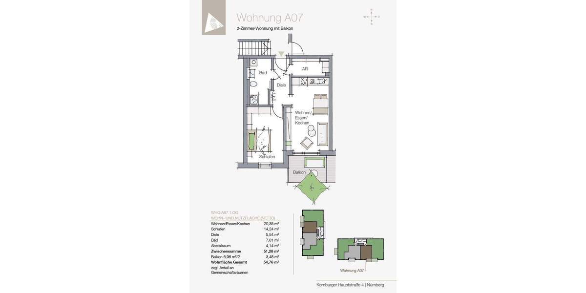 Terrassenwohnung Nürnberg Kornburg - 2 Zimmer, 54 m&sup2;, 281.538&euro; | Angebot:25970619