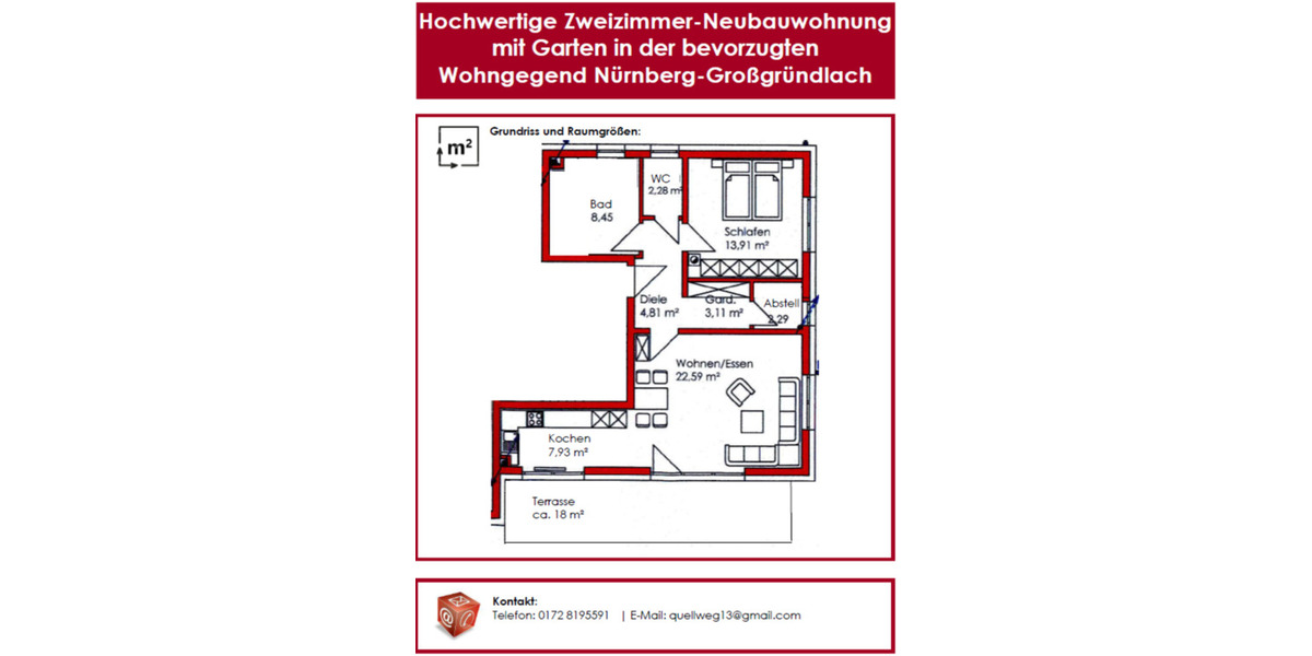 Erdgeschoßwohnung Nürnberg Almoshof - 2 Zimmer, 70 m&sup2;, 1.225&euro; | Angebot:25383607