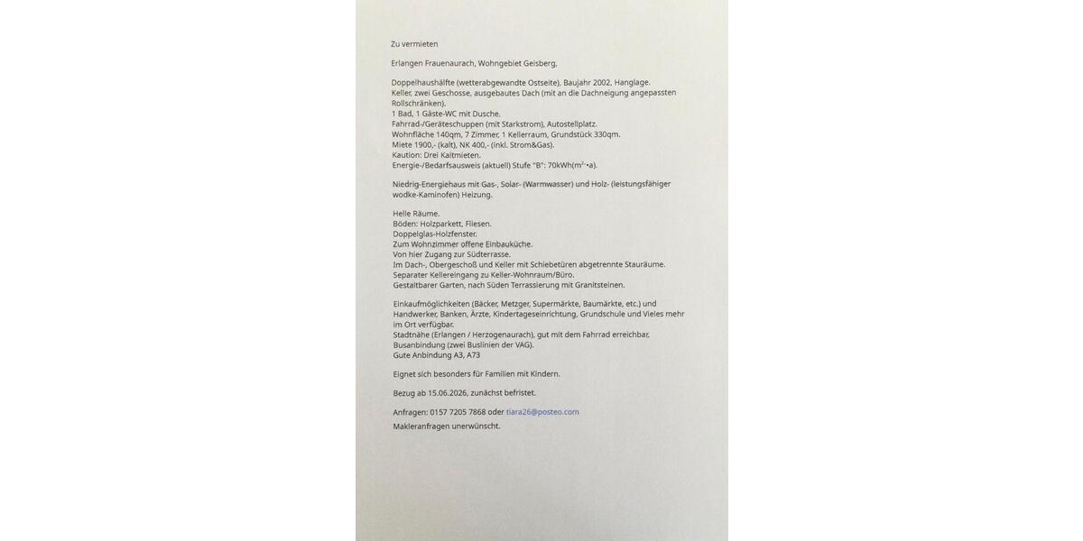 Doppelhaushälfte Erlangen Alterlangen - 7 Zimmer, 140 m&sup2;, 1.900&euro; | Angebot:25989334