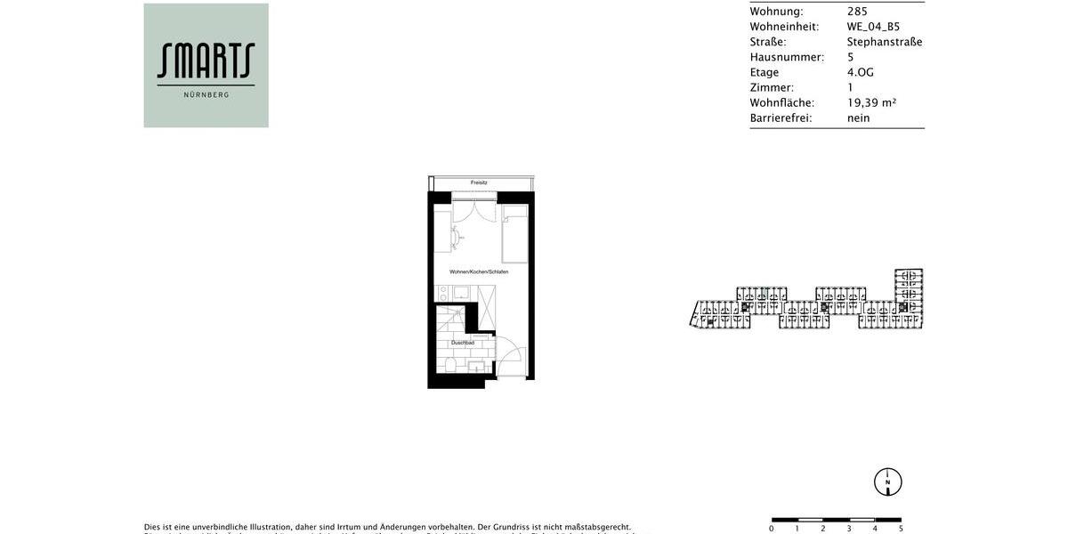 Etagenwohnung Nürnberg Gleißhammer - 1 Zimmer, 19 m&sup2;, 510&euro; | Angebot:25417584