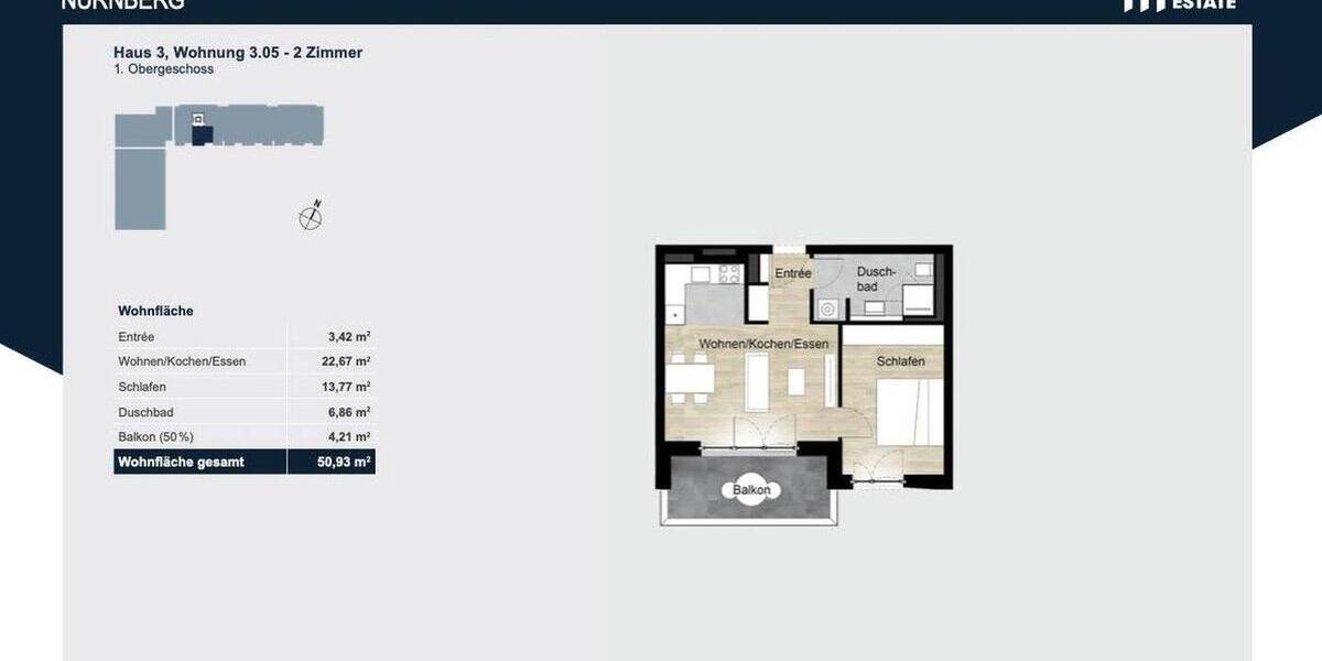 Etagenwohnung Nürnberg Mögeldorf - 2 Zimmer, 51 m&sup2;, 860&euro; | Angebot:26027731
