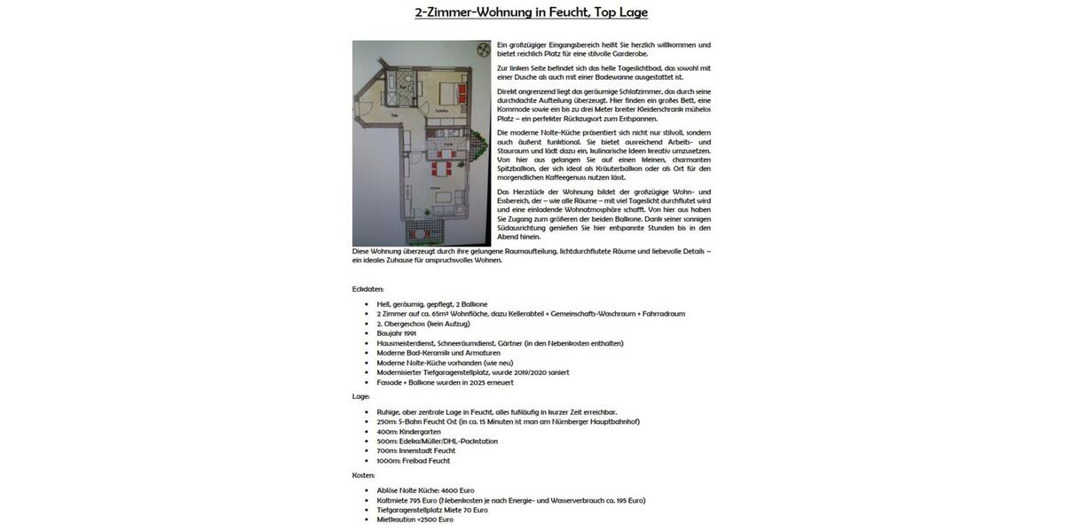 Etagenwohnung Feucht - 2 Zimmer, 65 m&sup2;, 795&euro; | Angebot:25868403