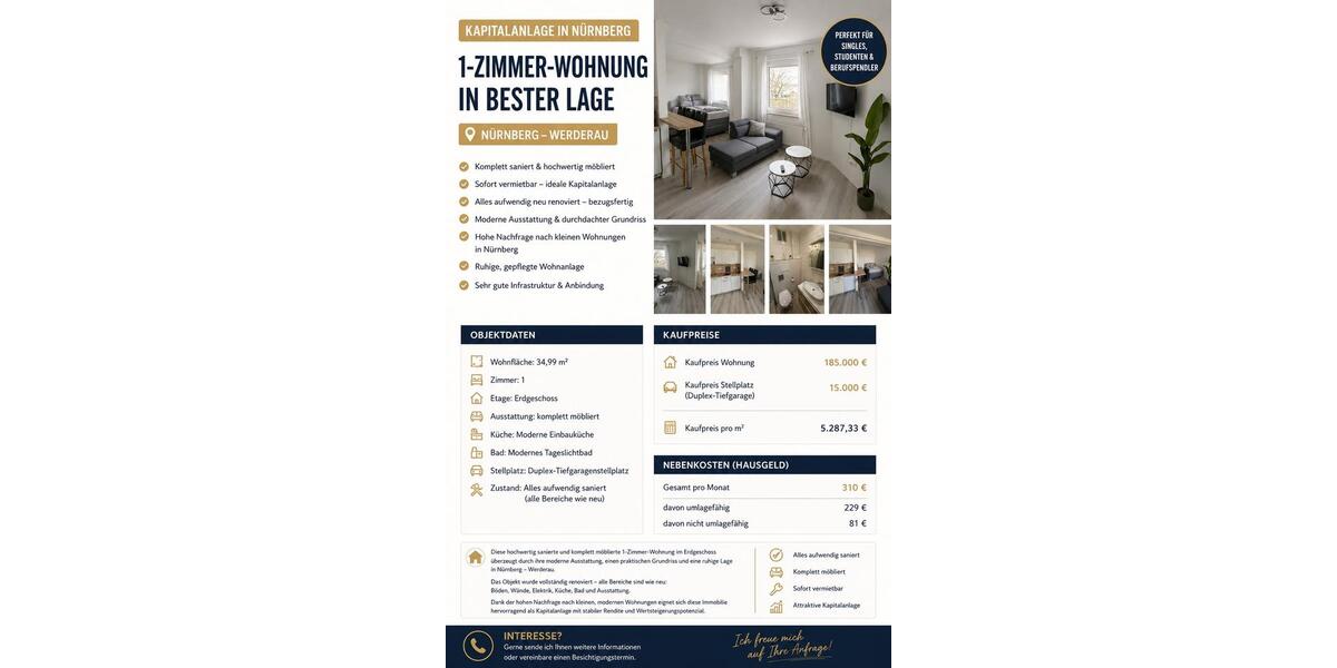 Erdgeschoßwohnung Nürnberg Altenfurt - 1 Zimmer, 35 m&sup2;, 185.000&euro; | Angebot:26609993