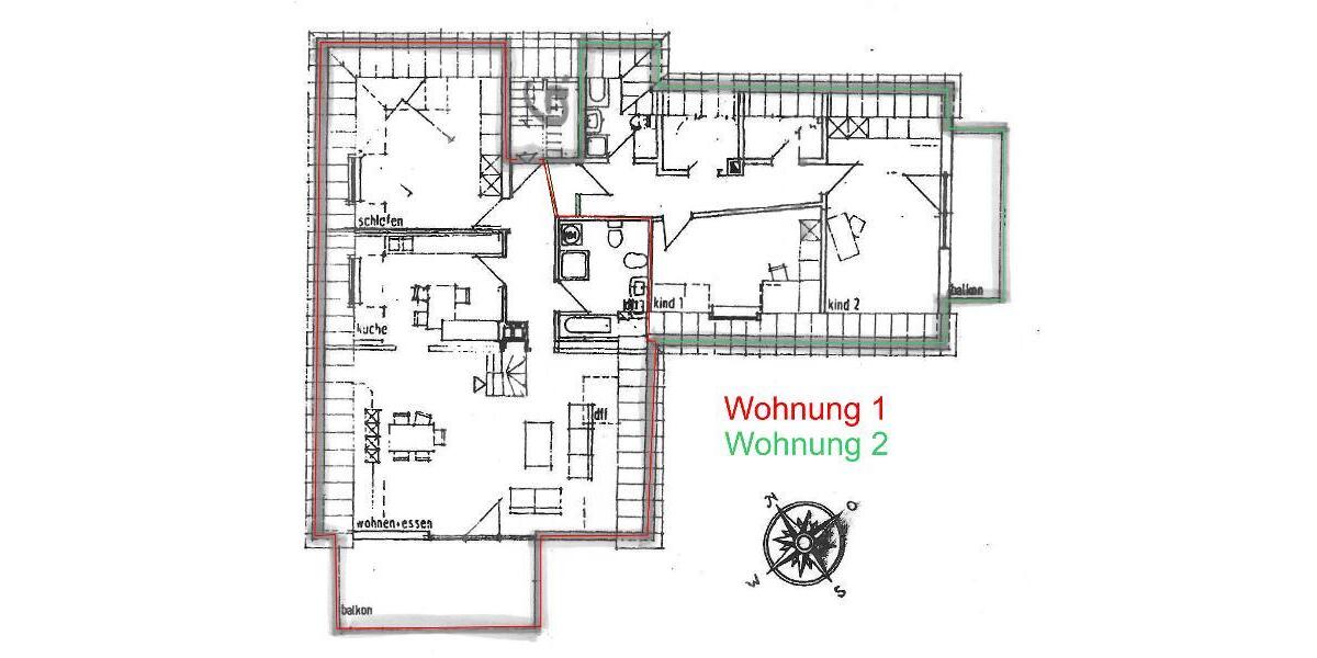 Große Maisonette mit Klimaanlagen (aktuell in 2 Wohnungen unterteilt) mit 2 Balkonen, 2 Einbauküchen und 2 Stellplätzen - Etagenwohnung Hausen | Angebot:20238797