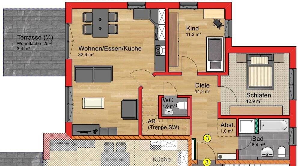 Terrassenwohnung Schnaittach - 3 Zimmer, 129 m&sup2;, 441.800&euro; | Angebot:25773848