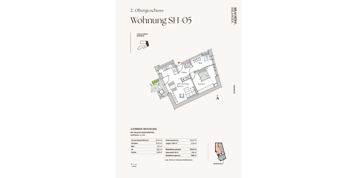 Etagenwohnung Erlangen Innenstadt - 2 Zimmer, 57 m&sup2;, 515.593&euro; | Angebot:25985208