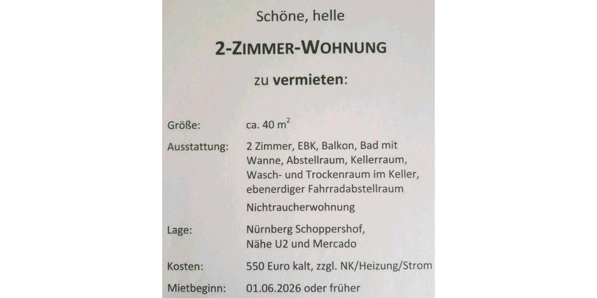 Etagenwohnung Nürnberg Buchenbühl - 2 Zimmer, 40 m&sup2;, 550&euro; | Angebot:25973539